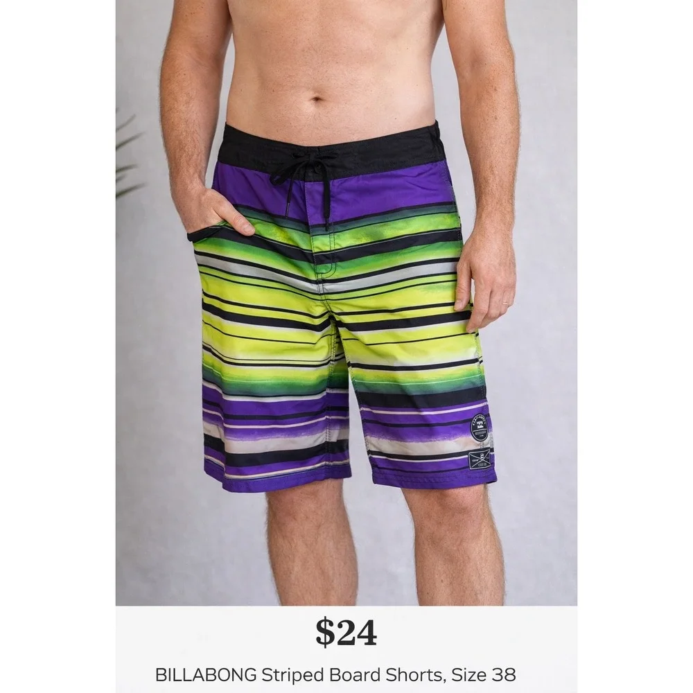 Billabong Striped Board Shorts Men's Size 38 Purple Green Surf Swim‎ Trunks